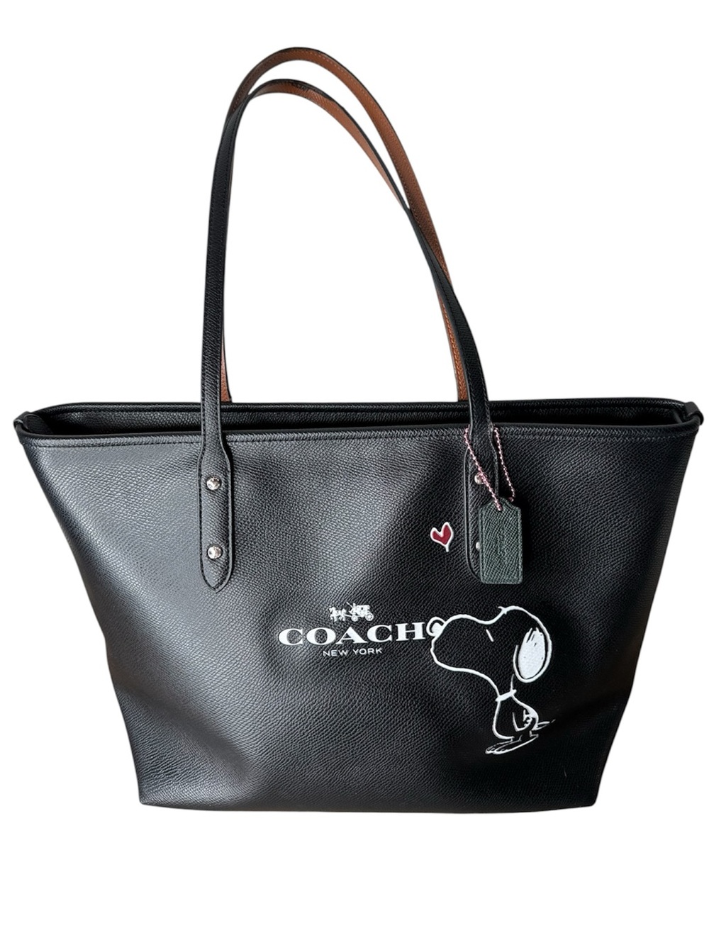 COACH Rare Limited Edition Snoopy Peanuts Black Leather City Tote Zipper *FLAW*